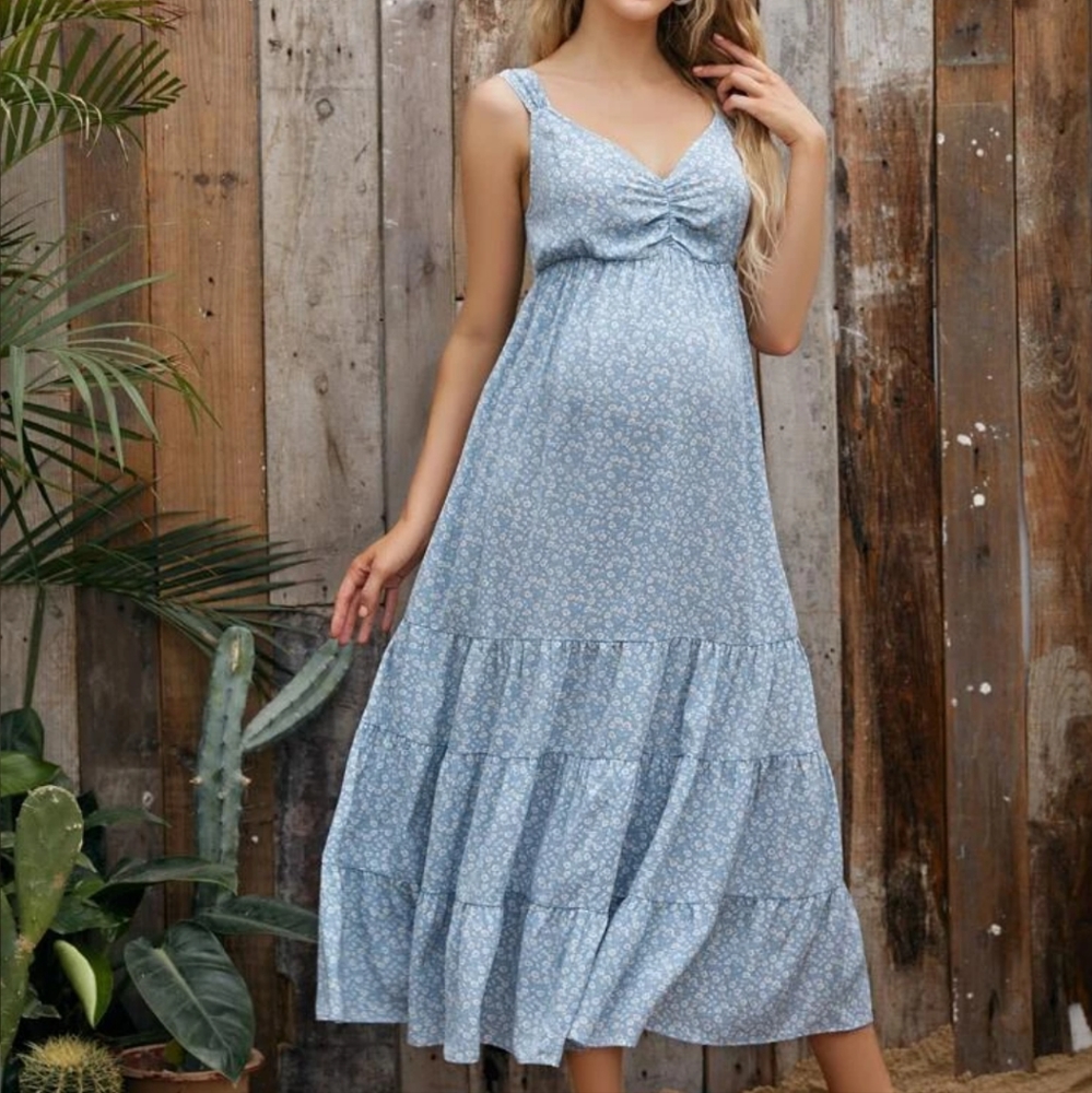 Shein Maternity blue ditzy floral tiered open tie back flowy tank midi sun dress